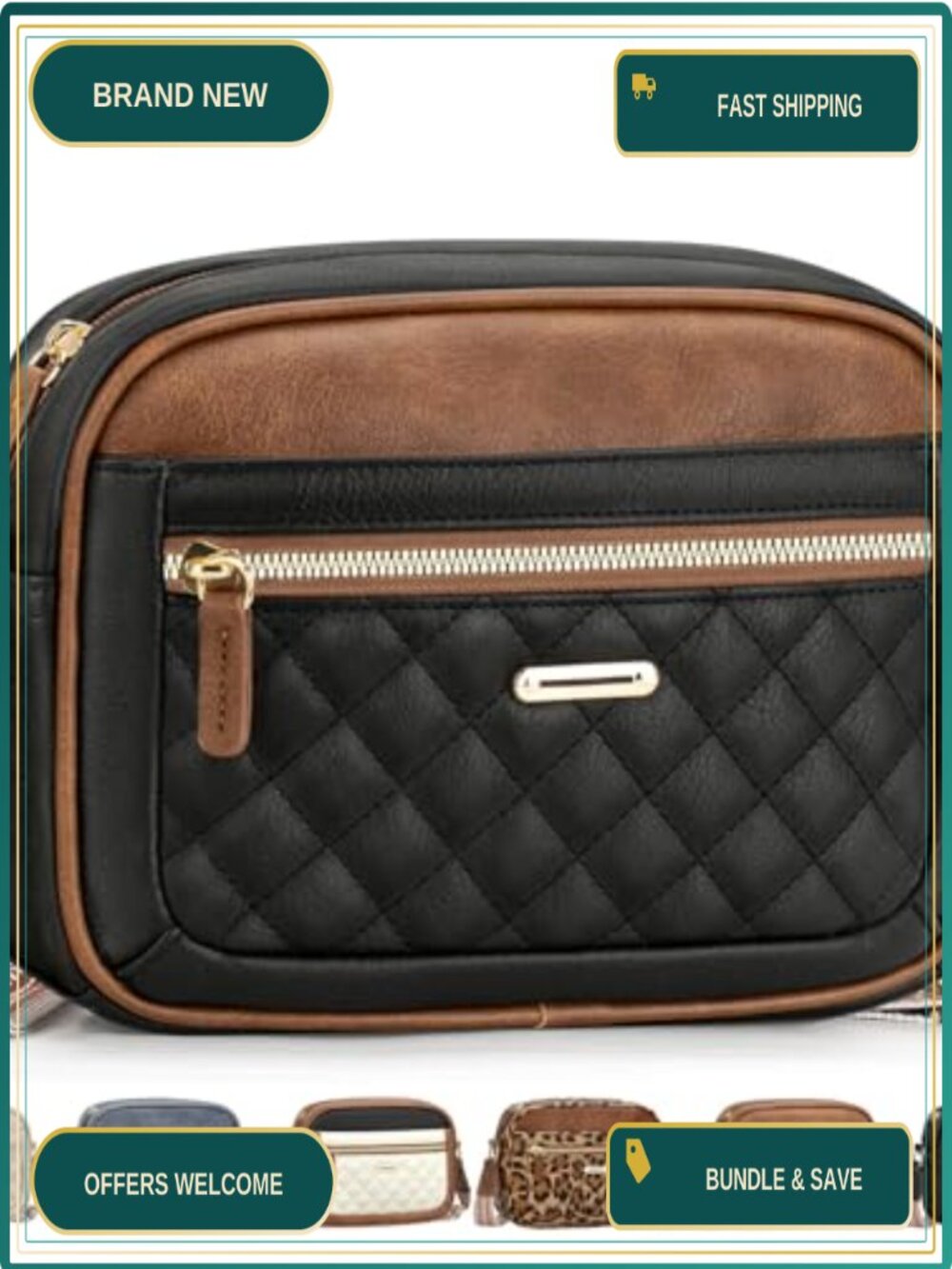 Waterproof Vegan Leather Crossbody Bag Quilted Adjustable Strap